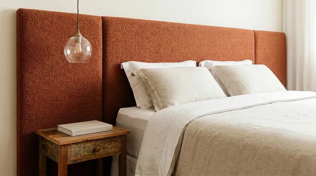 Cabeceira estofada alta de bouclê terracota atrás de uma cama queen com roupa de cama de linho, pendente de vidro e criado-mudo de madeira