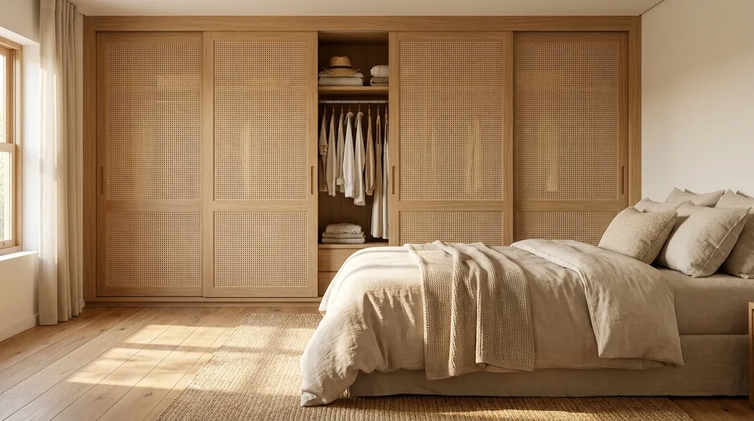 Guarda-roupa de parede inteira com portas de correr de madeira clara e palhinha, uma delas meio aberta mostrando roupas penduradas, e o pé da cama em primeiro plano