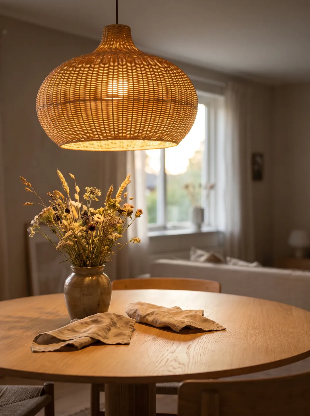Pendente de palha trançada aceso sobre mesa redonda de madeira com vaso de flores secas