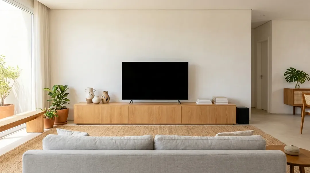 Sala com rack baixo de madeira clara mais largo que a TV desligada em cima dele, sofá cinza claro em primeiro plano e tapete de juta