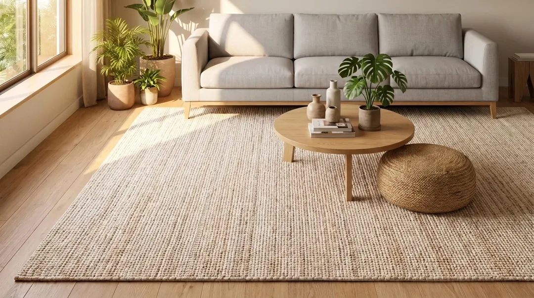 Sala com tapete de lã creme sob os pés da frente do sofá cinza, sobrando dos dois lados, mesa de centro redonda de madeira e puff de juta